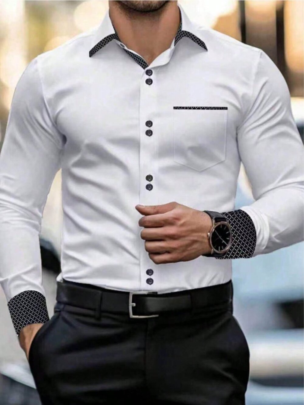 Black and White Regular Fit Men's Button Rhinestone Pocket Shirt